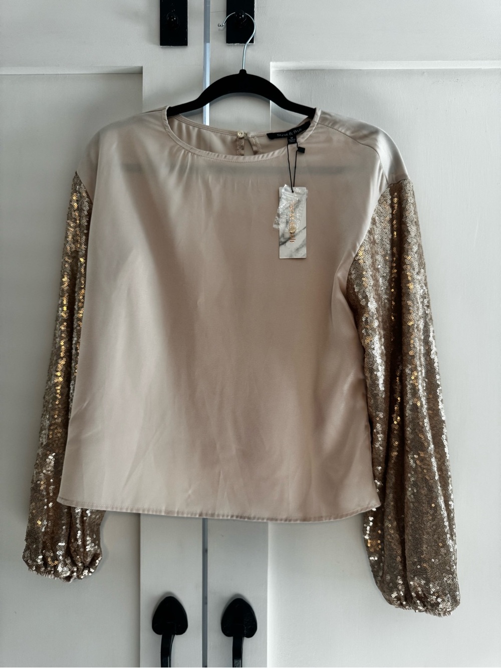 Sequin-Sleeve Satin Blouse - Cream with Gold Sleeves